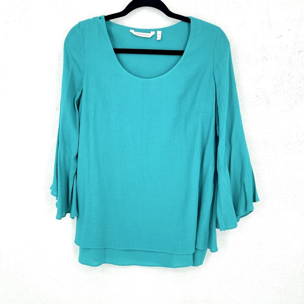 Soft Surroundings Top Women Size PS Blouse Bell Sleeve Flowy Sleeve Turquoise